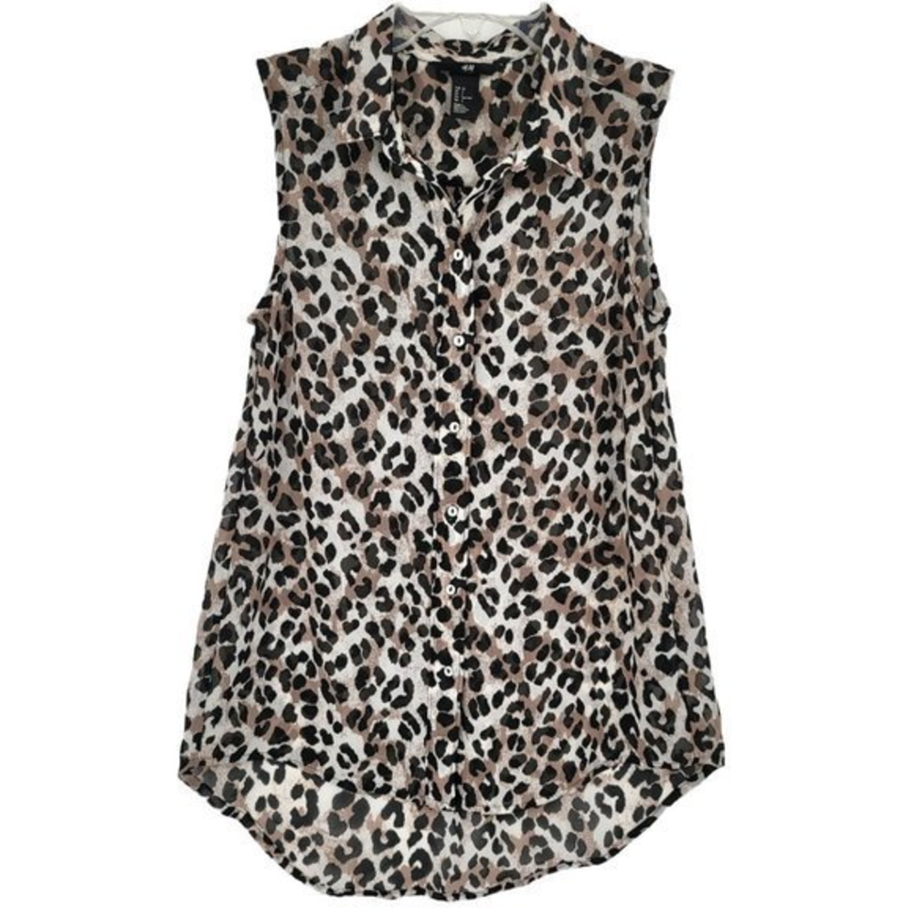 H&M Leopard‎ Print Button Up Collared Sleeveless Semi Sheer Blouse Top Size 2
